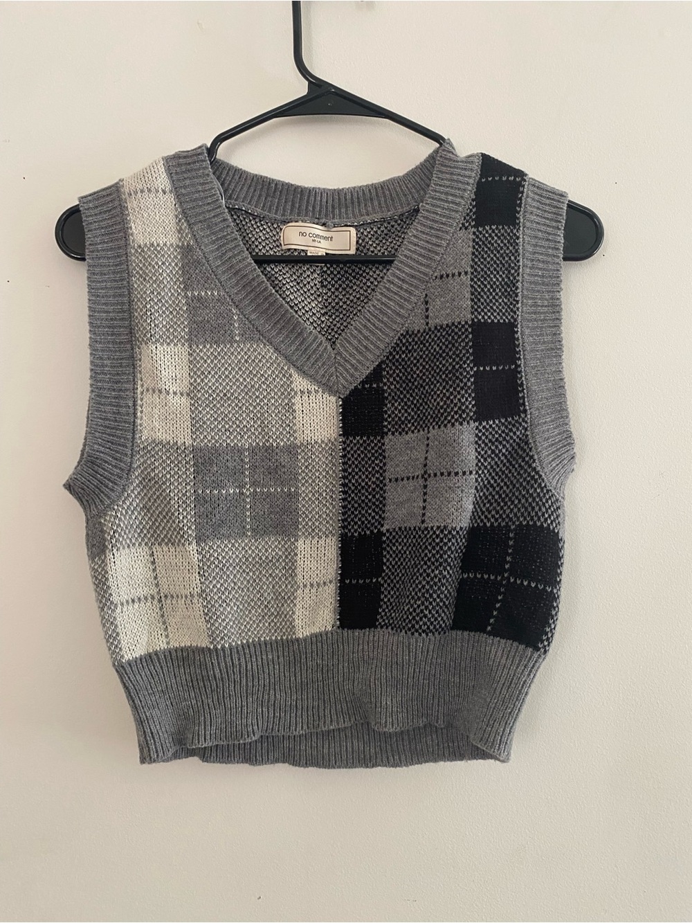 Gray Plaid V-Neck Knit Sweater Vest